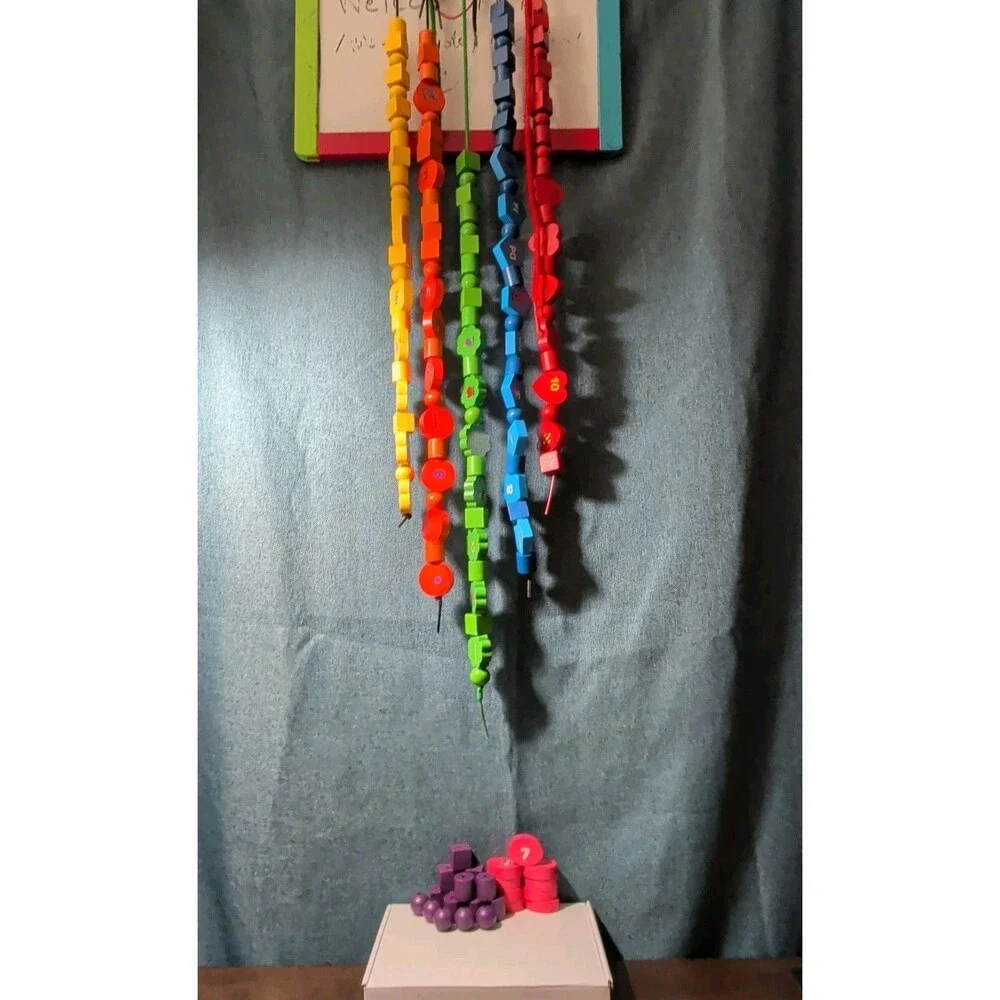 Wooden Lacing Beads 148pc Set | Alphabet Letters & Numbers Threading Toy |